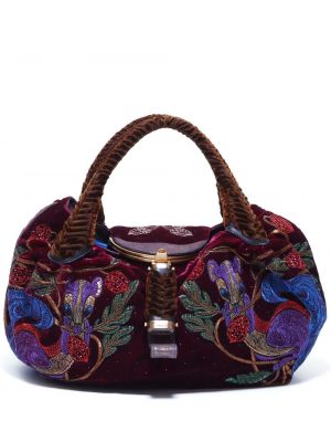 Кадифени шопинг чанта бродирани Fendi Pre-owned червено