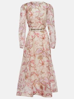 Svilena lanena midi obleka s cvetličnim vzorcem Zimmermann