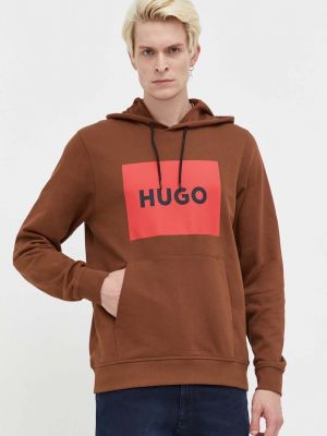 Bluza z kapturem bawełniana z nadrukiem Hugo brązowa