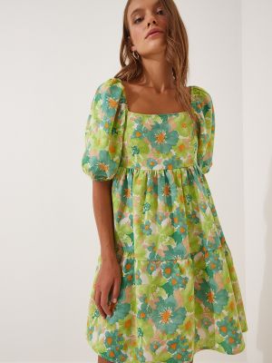 Květinové lněné mini šaty Happiness İstanbul zelené