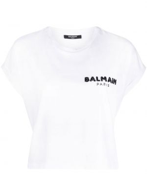 T-shirt brodé à paillettes Balmain blanc