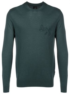 Haftowany sweter z okrągłym dekoltem Armani Exchange zielony