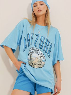 Oversized tričko s potiskem Trend Alaçatı Stili modré