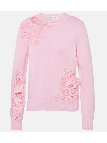 Pamučni džemper s cvjetnim printom s čipkom Oscar De La Renta ružičasta