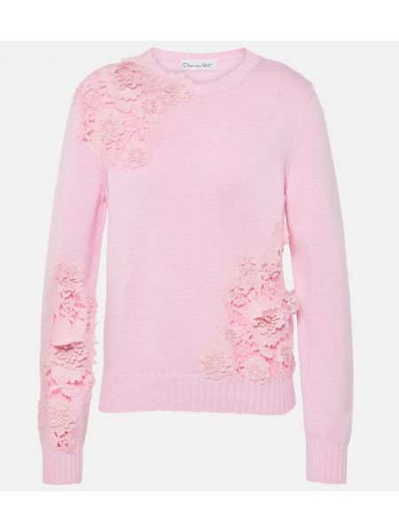 Pull en coton à fleurs Oscar De La Renta rose