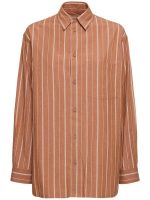 Bombažna lanena srajca s črtami Matteau oranžna