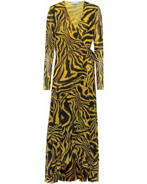 Mrežasta midi haljina s printom s životinjskim uzorkom Ganni žuta