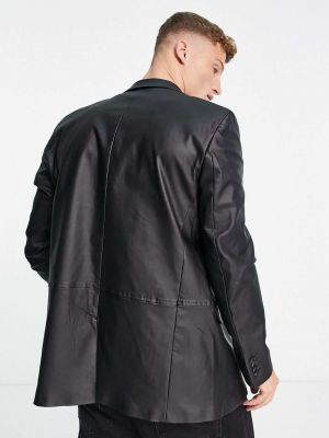 Кожаный пиджак на пуговицах свободного кроя Topman черный