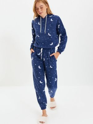 Pijamale din fleece tricotate cu glugă Trendyol albastru