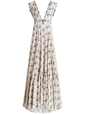 Вечерна рокля с принт с v-образно деколте с пейсли десен Etro бежово