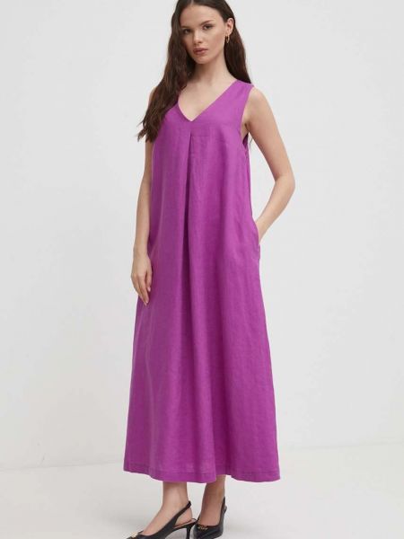 Lniana sukienka długa United Colors Of Benetton fioletowa