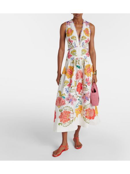 Laneni midi haljina s cvjetnim printom Farm Rio bijela