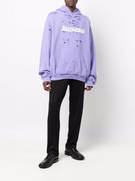 Raštuotas džemperis su gobtuvu su nubrozdinimais Balenciaga violetinė