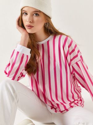 Dryžuotas džemperis apvaliu kaklu oversize Armonika rožinė