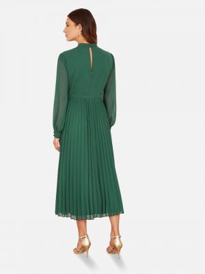 Плиссированное платье миди с вышивкой с длинным рукавом Yumi зеленое