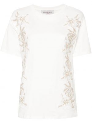 Gėlėtas medvilninis siuvinėtas marškinėliai Ermanno Firenze balta