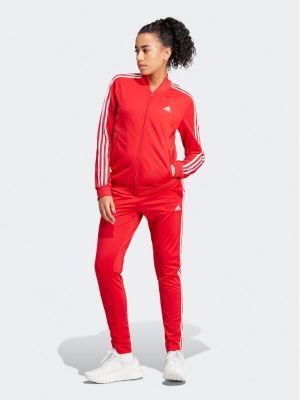 Pruhovaná slim fit priliehavá tepláková súprava Adidas červená