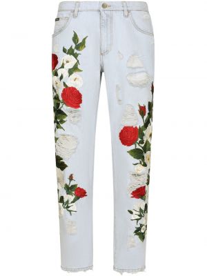 Raštuotos gėlėtos tiesūs džinsai su nubrozdinimais Dolce & Gabbana