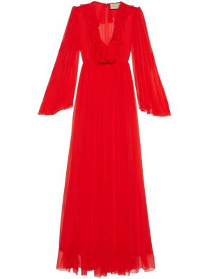 Копринена вечерна рокля от шифон с волани Gucci червено