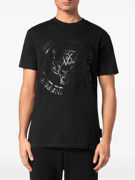 Raštuotas medvilninis sportiniai marškinėliai su tigro raštu Plein Sport juoda