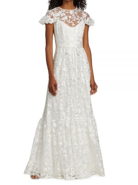 Платье с вышивкой в цветочек с принтом Monique Lhuillier белое