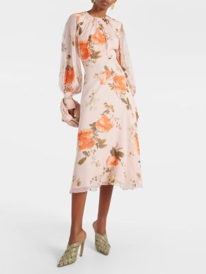 Svilena midi haljina s cvjetnim printom Erdem ružičasta