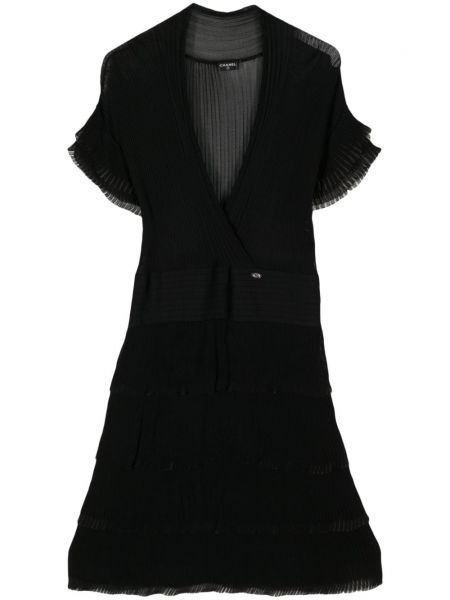 Robe mi-longue à col v plissé Chanel Pre-owned noir