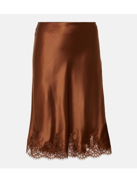 Кружевная атласная юбка мини Saint Laurent коричневая