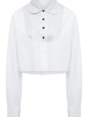 Белая хлопковая рубашка со стразами Miu Miu