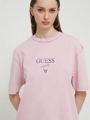 Koszulka bawełniana z nadrukiem Guess Originals różowa