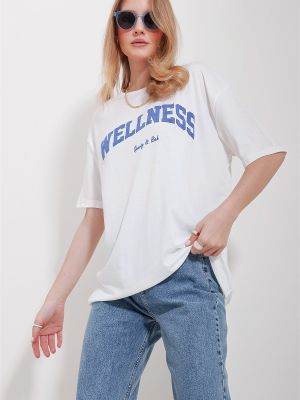Oversized bombažna majica s potiskom Trend Alaçatı Stili modra