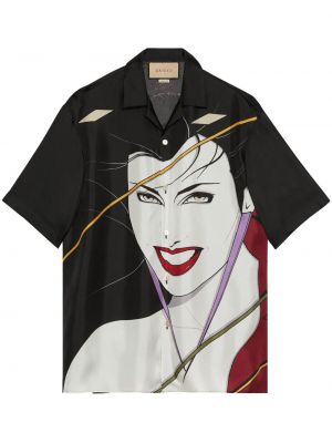 Jedwabna koszula z nadrukiem Gucci czarna
