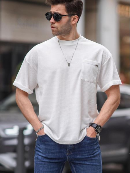 Marškinėliai oversize su kišenėmis Madmext balta