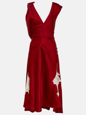 Satynowa sukienka midi koronkowa drapowana Victoria Beckham czerwona