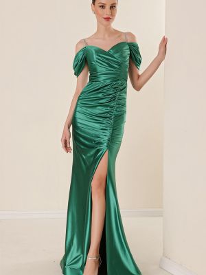 Plisované saténové dlouhé šaty By Saygı zelené