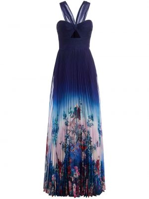 Plisované květinové večerní šaty s potiskem Marchesa Notte modré