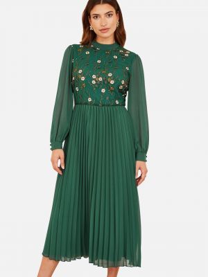 Плиссированное платье миди с вышивкой с длинным рукавом Yumi зеленое