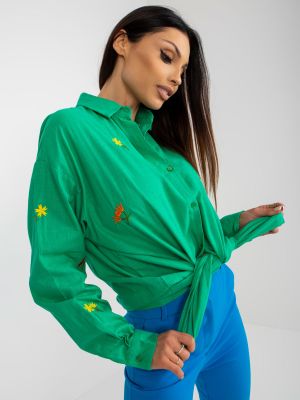 Haftowana koszula na guziki oversize Fashionhunters zielona