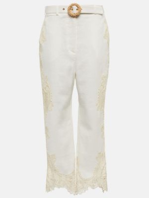 Lanene hlače visoki struk s čipkom Zimmermann bijela