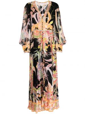 Svilena večerna obleka s potiskom z abstraktnimi vzorci Camilla črna