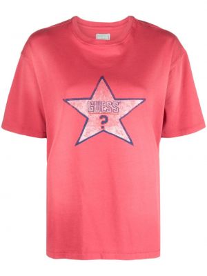Kokvilnas t-krekls ar apdruku Guess Usa rozā
