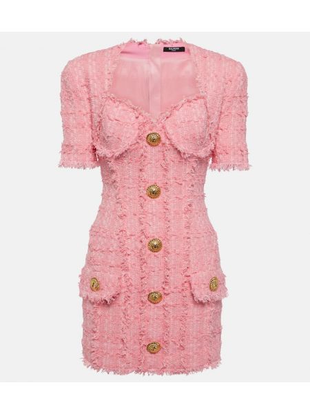 Tvídové bavlněné šaty Balmain růžové