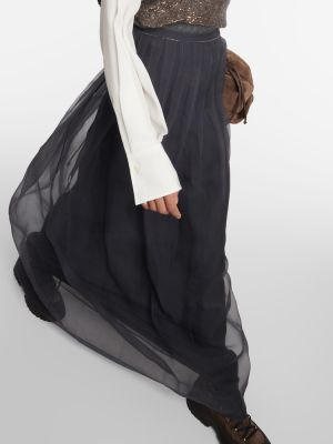 Plisirana svilena maksi suknja od šifona Brunello Cucinelli plava