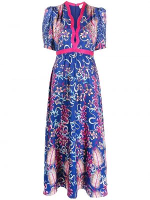 Копринена рокля на цветя с принт Saloni синьо