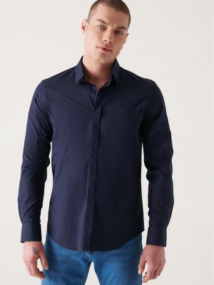 Βαμβακερό σατέν πουκάμισο σε στενή γραμμή Avva μπλε