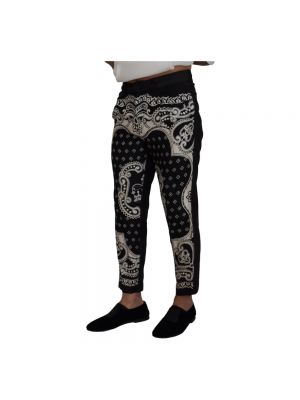 Jedwabne proste spodnie z nadrukiem slim fit Dolce And Gabbana czarne