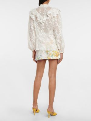 Bluză de mătase din bumbac cu model floral Zimmermann alb