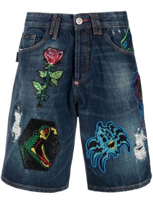 Shorts di jeans con applique Philipp Plein blu
