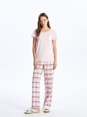 Клетчатая пижама с коротким рукавом с круглым вырезом Lcw Eco розовая