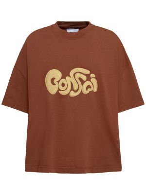Medvilninis siuvinėtas marškinėliai oversize Bonsai ruda
